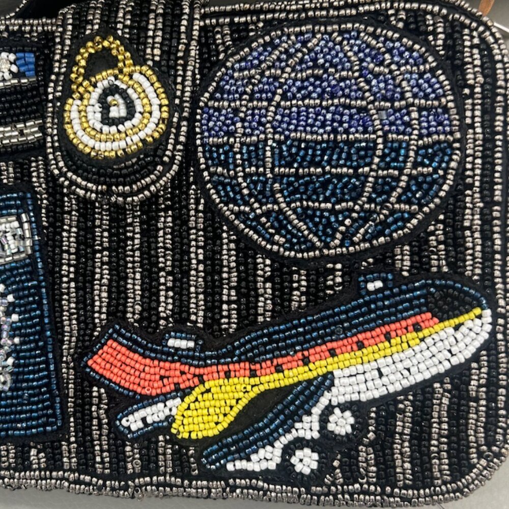 NWT Black Silver Stripe Travel Beaded Made in India Passport Plane Crossbody Bag - Picture 5 of 6